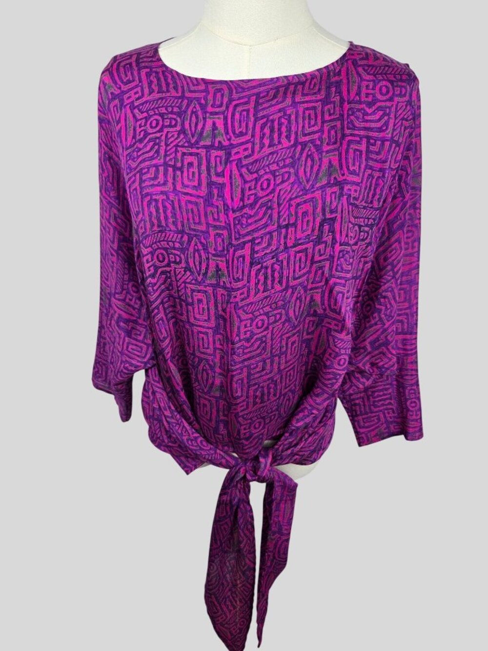 VTG Chez Zvanni 100% Silk‎ Blouse Small Purple Tribal Block Print Tie Front